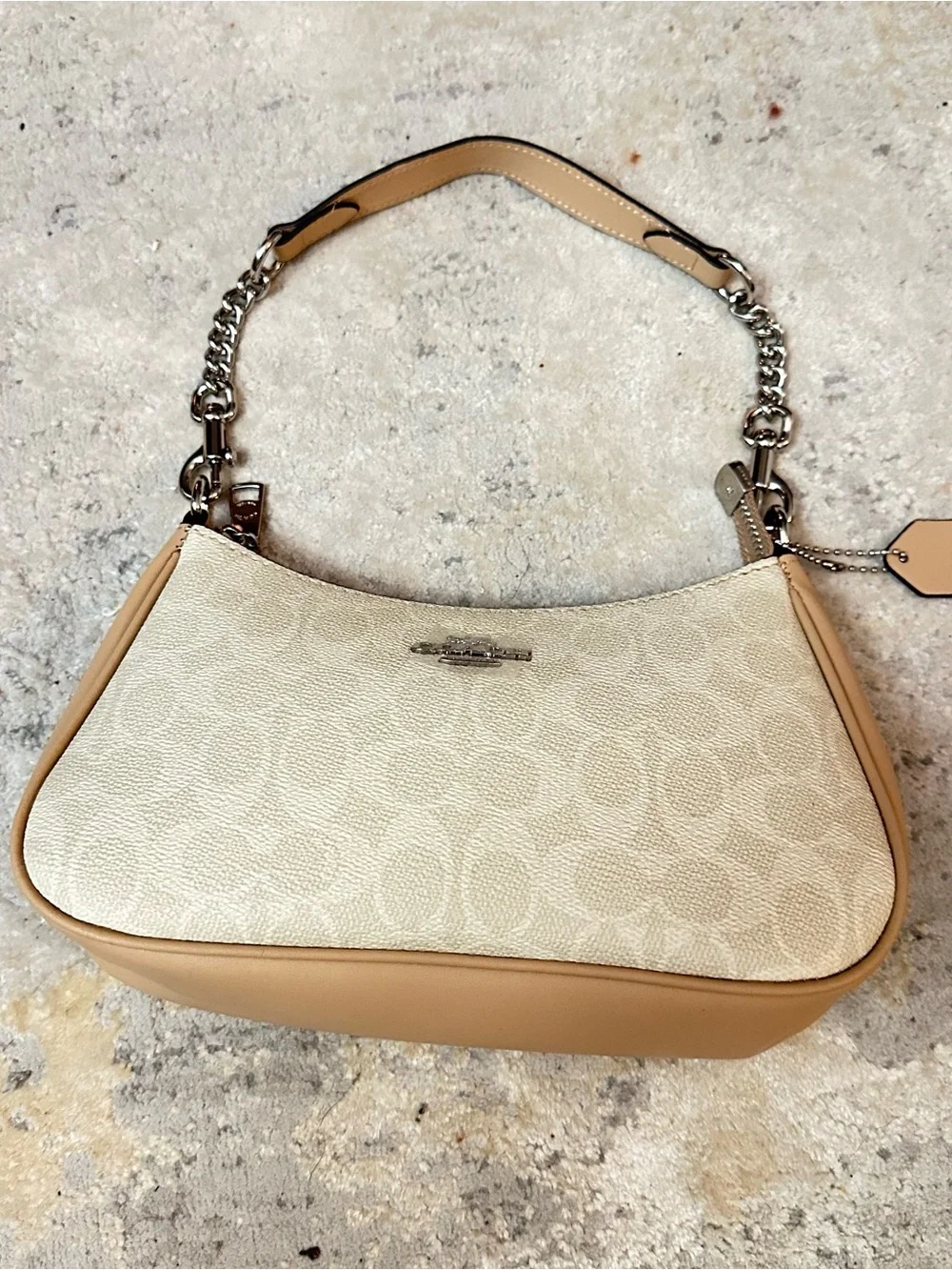 Coach Cream Signature Jacquard Shoulder Bag with Tan Trim